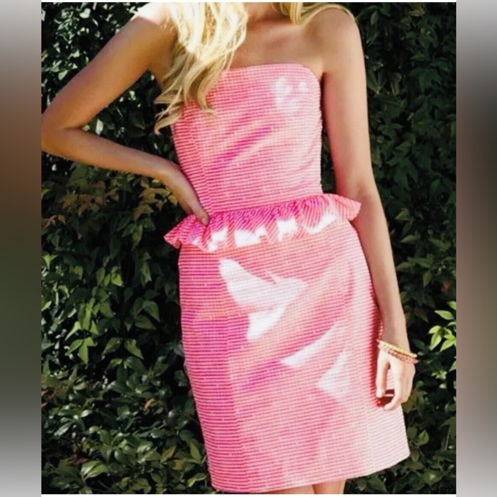 Lily Pulitzer Lowe strapless peplum dress size 6 strapless hot pink like new - Picture 2 of 12